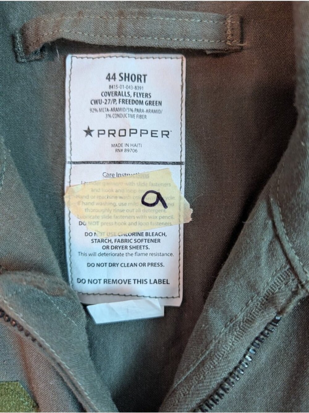 Propper CWU-27/P Flyers Coveralls Green Flight Suit Sz 44 Short 8415-01-043-8391 - Picture 12 of 12